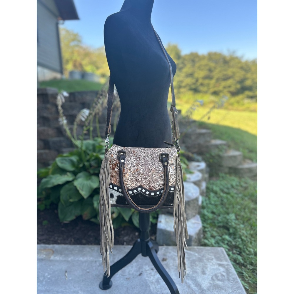 Myra Bag Katherina Cowhide Paisley Leather Fringe Western Crossbody Satchel - Picture 4 of 10